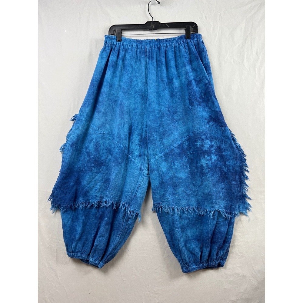 Cottonways Balloon Pants Womens OSFM Blue Tie Dye Fringe Trim Cotton Cropped